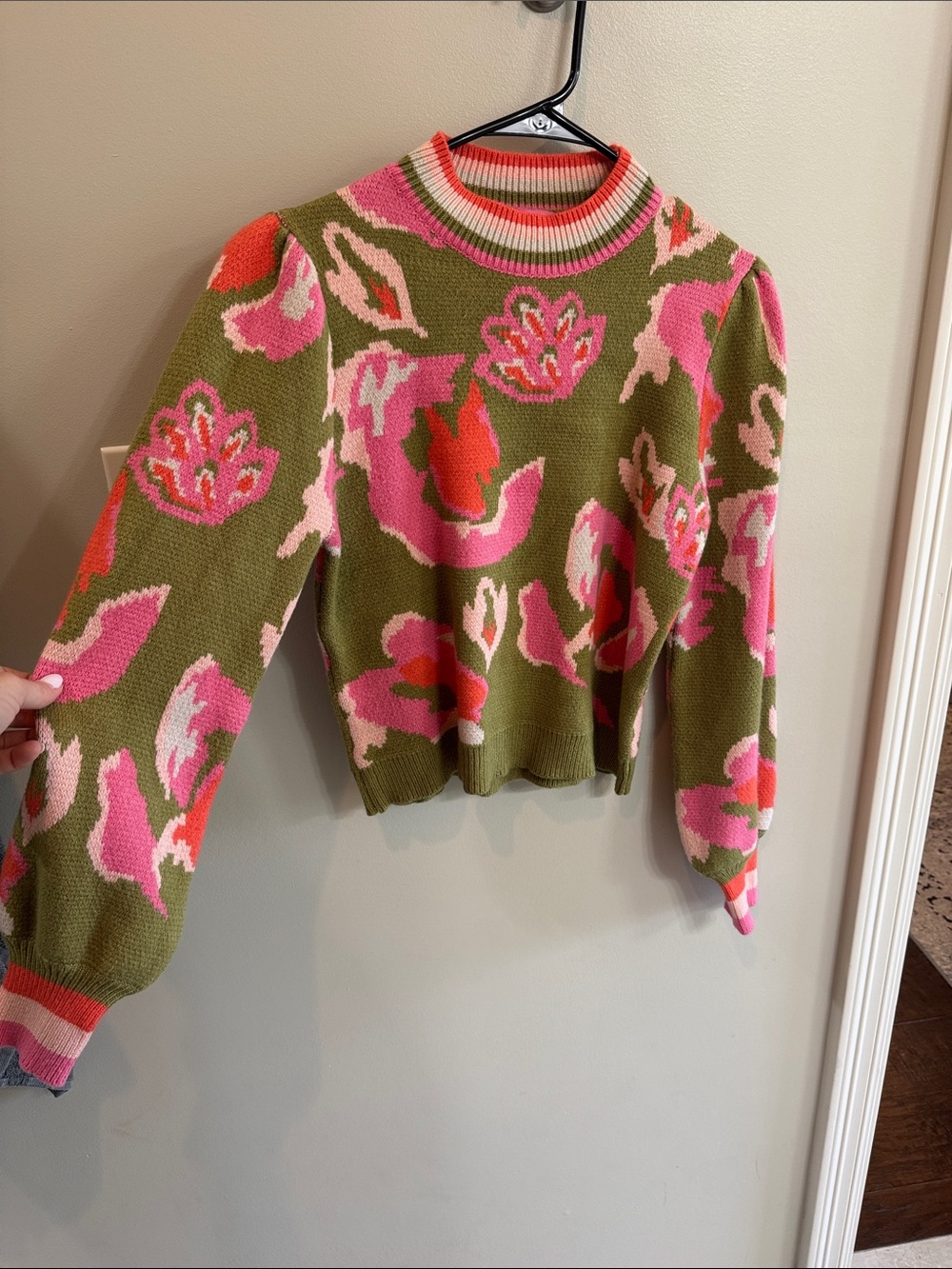 THML Olive Green Sweater with Pink & Coral Floral Pattern - Picture 2 of 4